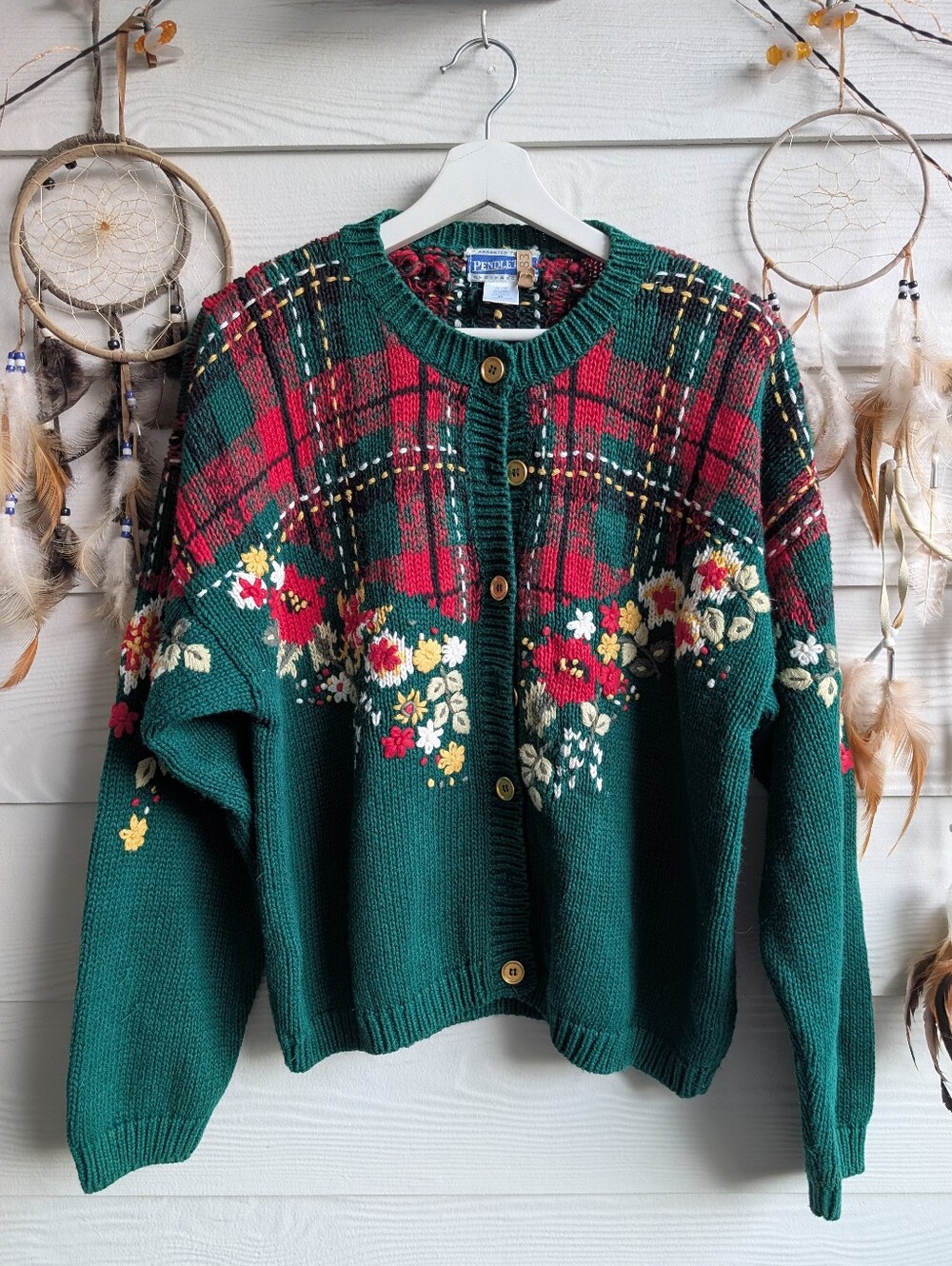 Vtg 90s Sweater Pendleton Knockabouts Cotton Blend Tartan Floral Cardigan Sz XL